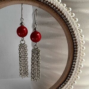 𝅺CHAIN Drop Long Earrings with Red Beads